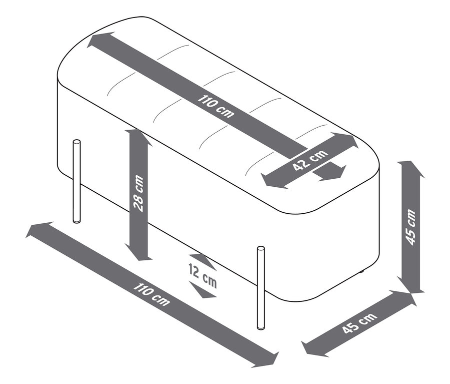 Illustration d'un banc avec coffre et indications de taille.