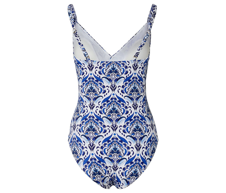 Vue arrière d'un maillot de bain blanc à motifs bleus.
