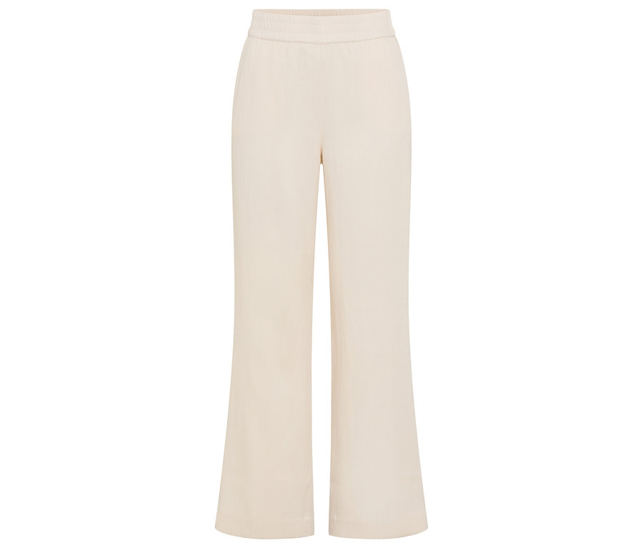Pantalon beige évasé avec taille élastique.