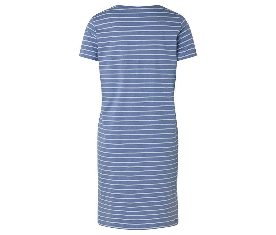 Vue arrière d'une robe t-shirt droite à rayures bleues et blanches.