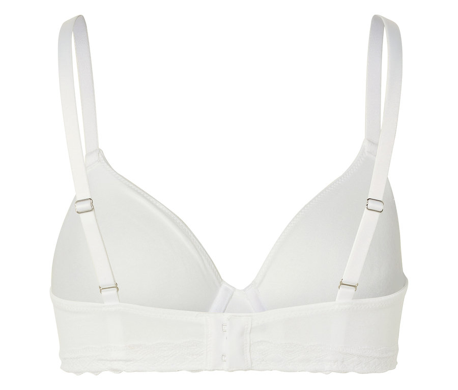 Vue arrière d'un soutien-gorge blanc avec bretelles réglables et fermeture à agrafes.