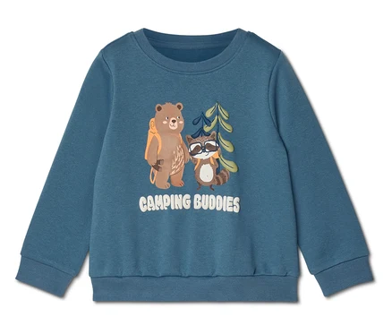 Pull bleu avec un ours avec un sac à dos, un raton laveur avec des lunettes de soleil et l'inscription "Camping Buddies".