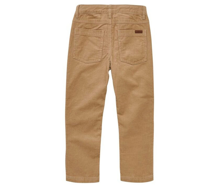 Pantalon en velours côtelé marron clair vu de dos, avec deux poches arrière et une petite étiquette marron.