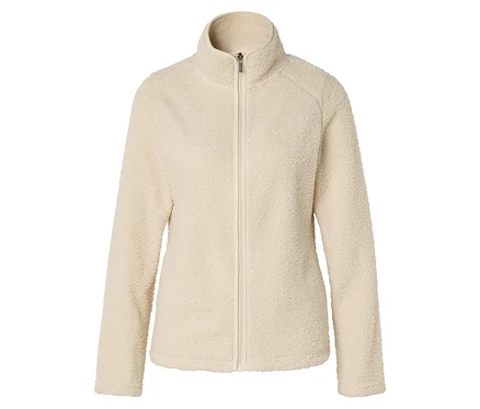 Veste en polaire beige avec fermeture éclair intégrale et col montant sur fond blanc.