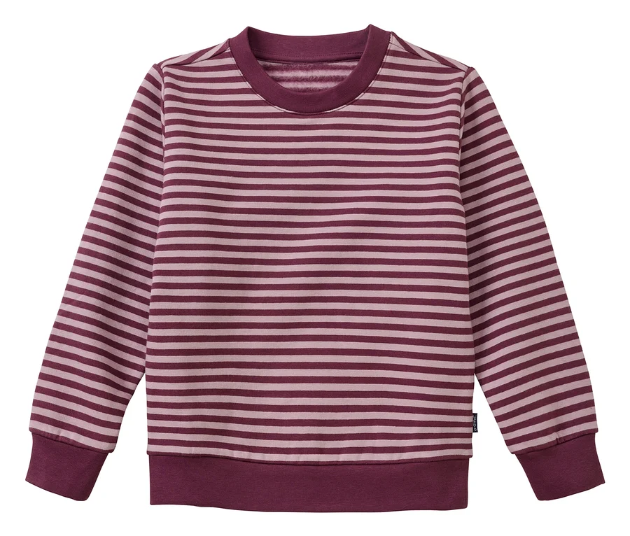Sweat-shirt à manches longues rayé bordeaux et rose clair avec col rond, poignets et ourlet côtelés.