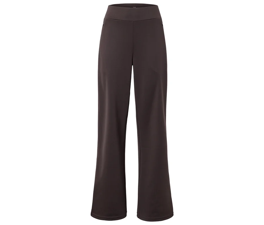 Pantalon évasé marron foncé à taille haute sur fond blanc.