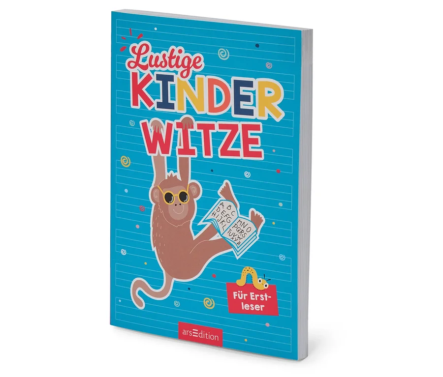 Couverture du livre « Lustige Kinderwitze » : un singe à lunettes lit l'alphabet. Texte « Für Erstleser » en bas à droite.