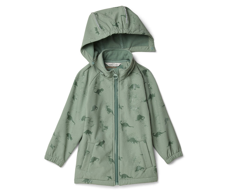 Veste softshell verte pour enfant avec capuche, motif dinosaures, fermeture éclair et poches.
