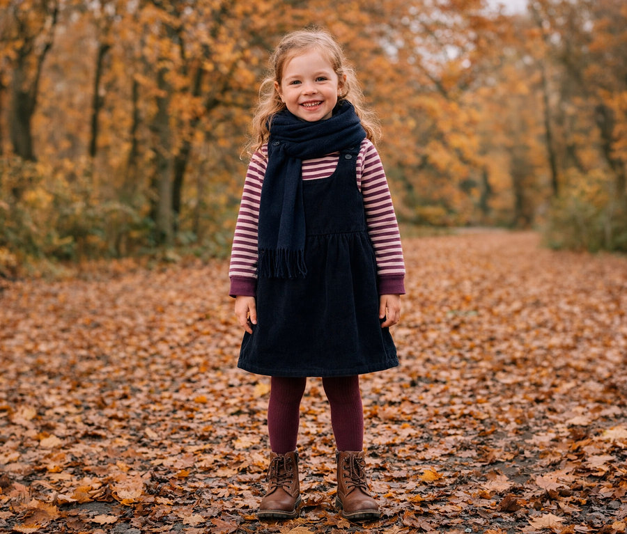 Une petite fille souriante se tient sur un chemin couvert de feuilles d'automne, vêtue d'une chemise rayée, d'une robe salopette bleu foncé, d'une écharpe bleu foncé, de collants bordeaux et de bottes marron. Des arbres d'automne flous sont en arrière-plan.