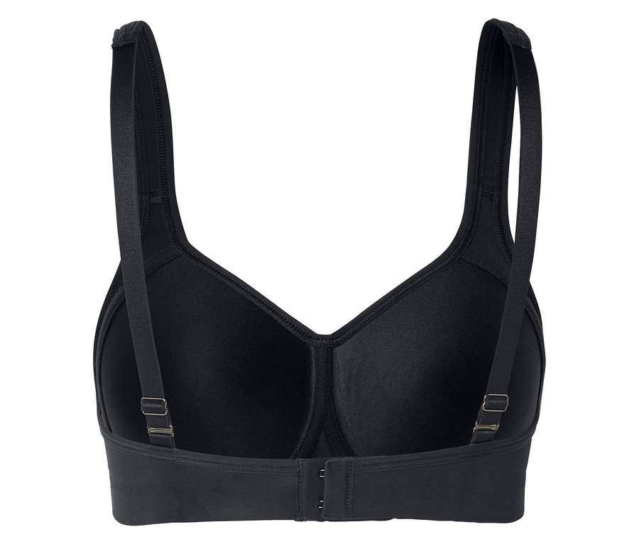 Soutien-gorge noir vu de dos, avec bretelles réglables et fermeture à agrafes.