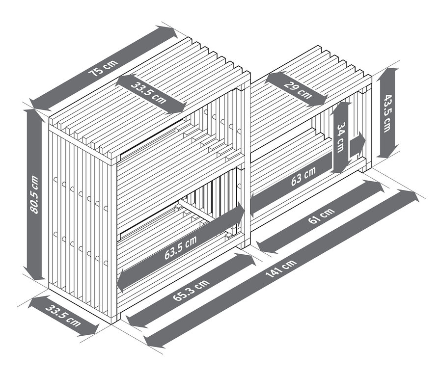Dessin technique détaillé d'une étagère extensible «
FLEKSIBEL » avec les dimensions.