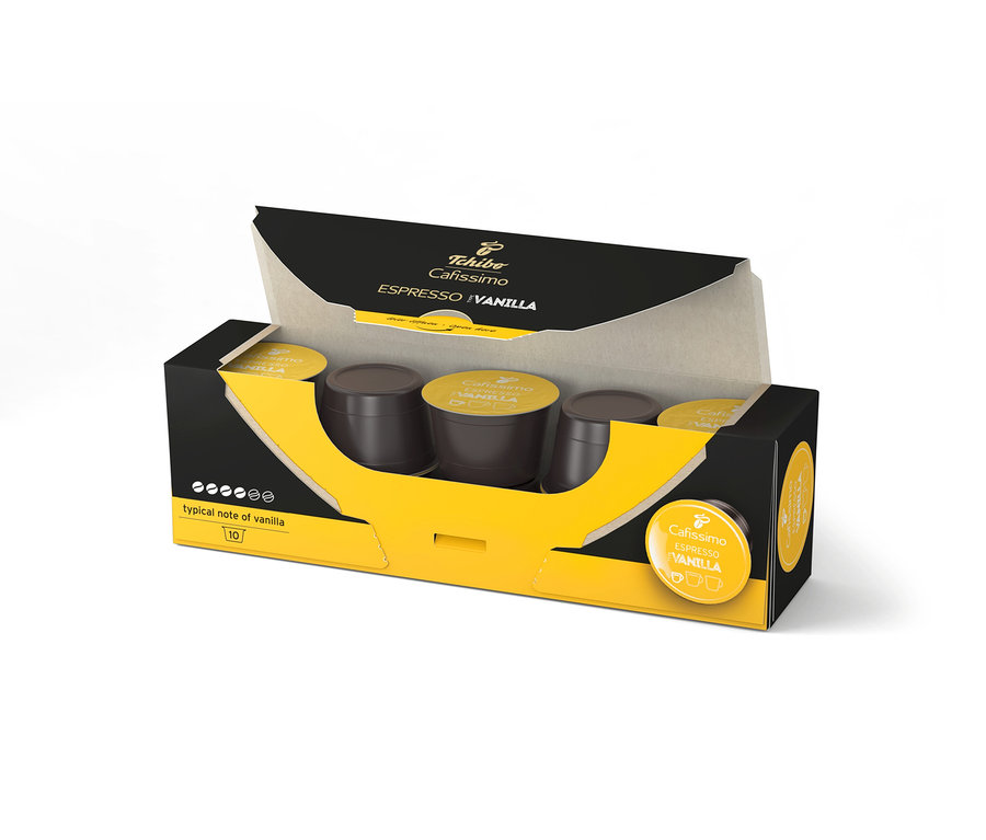 Un paquet ouvert noir et jaune de Cafissimo Flavoured Espresso - Vanilla - 10 capsules.