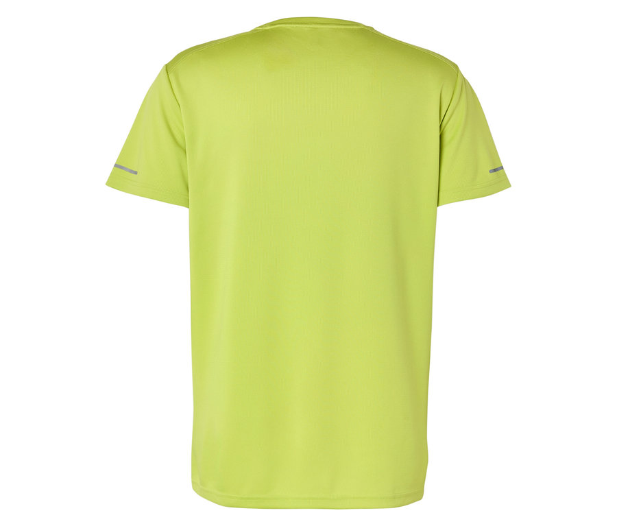 Vue arrière d'un t-shirt à manches courtes vert clair avec des bandes réfléchissantes sur les manches.