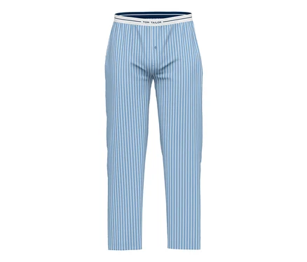 Pantalon de pyjama long Tom Tailor « Dakota » bleu clair à rayures verticales blanches, avec une ceinture blanche et un bouton.