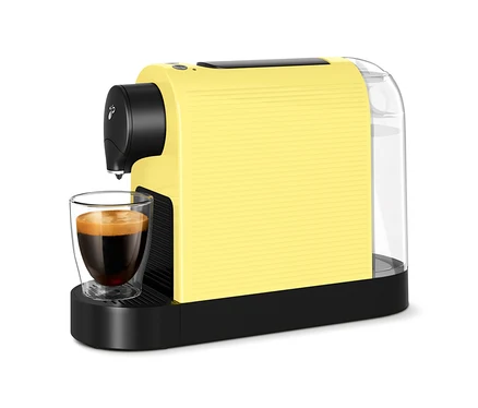 Machine à café à capsules jaune avec une tasse de café.