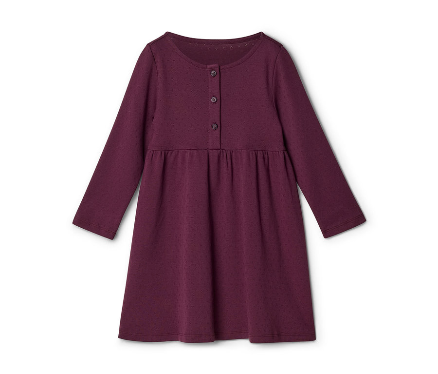 Une robe à manches longues de couleur bordeaux avec un col rond, trois boutons sur le devant et une taille froncée. Le tissu présente un motif texturé subtil.