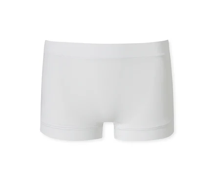 Boxer blanc à l'aspect lisse et sans couture, avec une ceinture élastique plate, posé à plat sur un fond blanc.