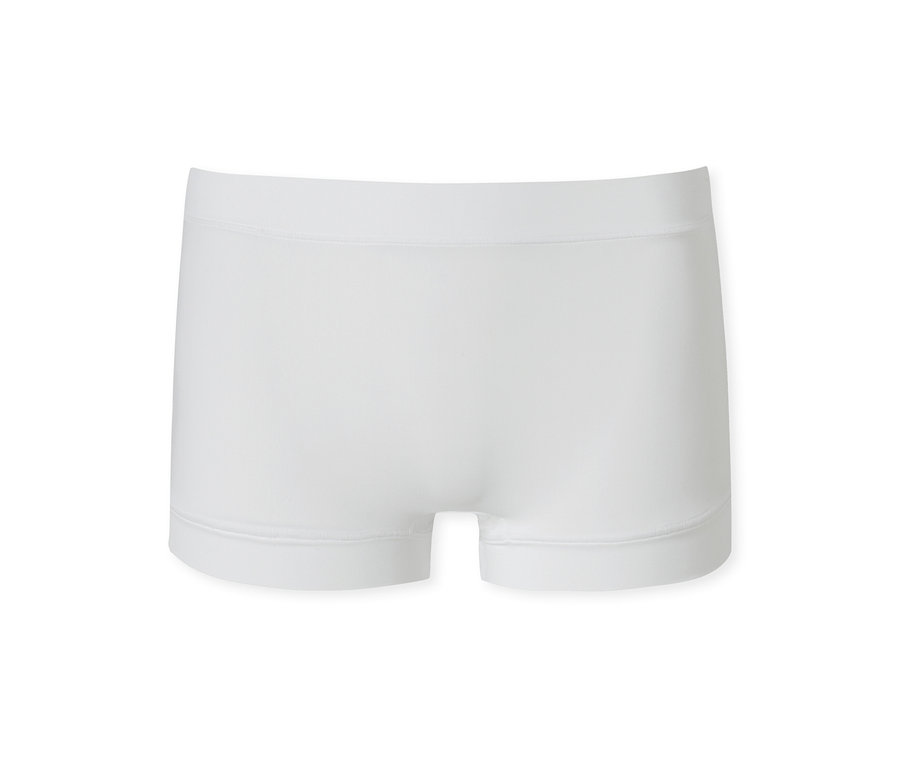 Boxer blanc à l'aspect lisse et sans couture, avec une ceinture élastique plate, posé à plat sur un fond blanc.