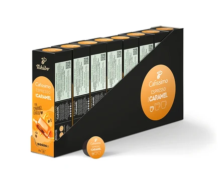 Un paquet de Cafissimo Espresso Caramel, 80 capsules dans un emballage noir et blanc.