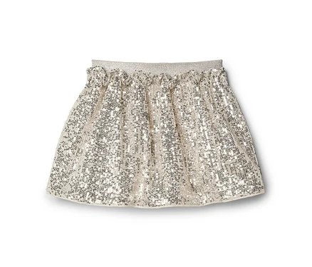 Jupe courte dorée à paillettes avec une taille élastique froncée.