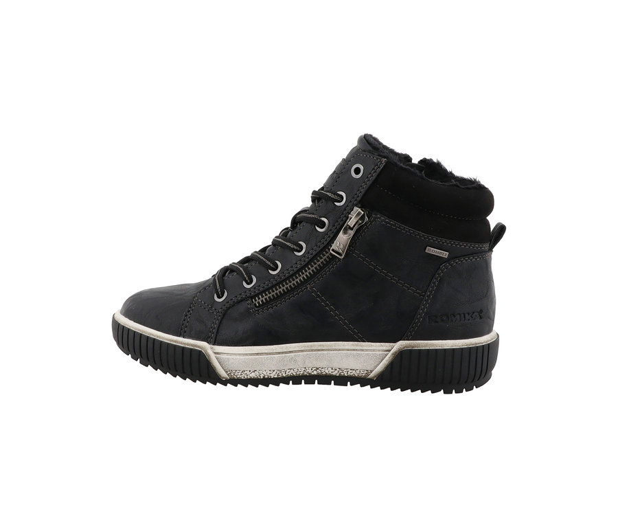 Chaussure à lacets Romika gris foncé de type High-Top avec fermeture éclair latérale et col fourré.