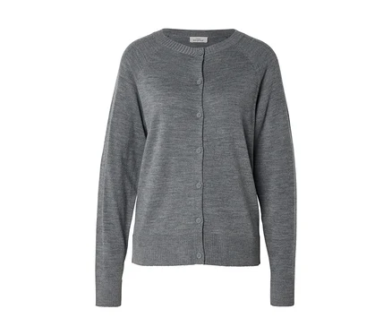 Cardigan gris à col rond avec manches longues, fermeture boutonnée et poignets et ourlet côtelés.