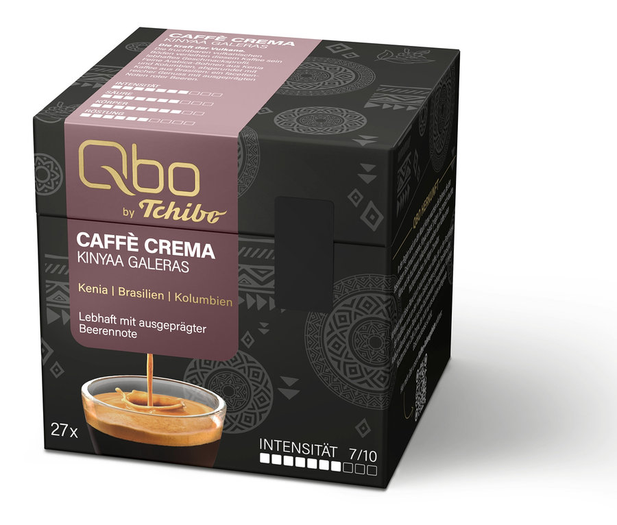 Boîte noire de capsules de café Qbo by Tchibo Caffè Crema Kinyaa Galeras, 27 capsules, intensité 7/10. Origine : Kenya, Brésil, Colombie, avec une note de baies.