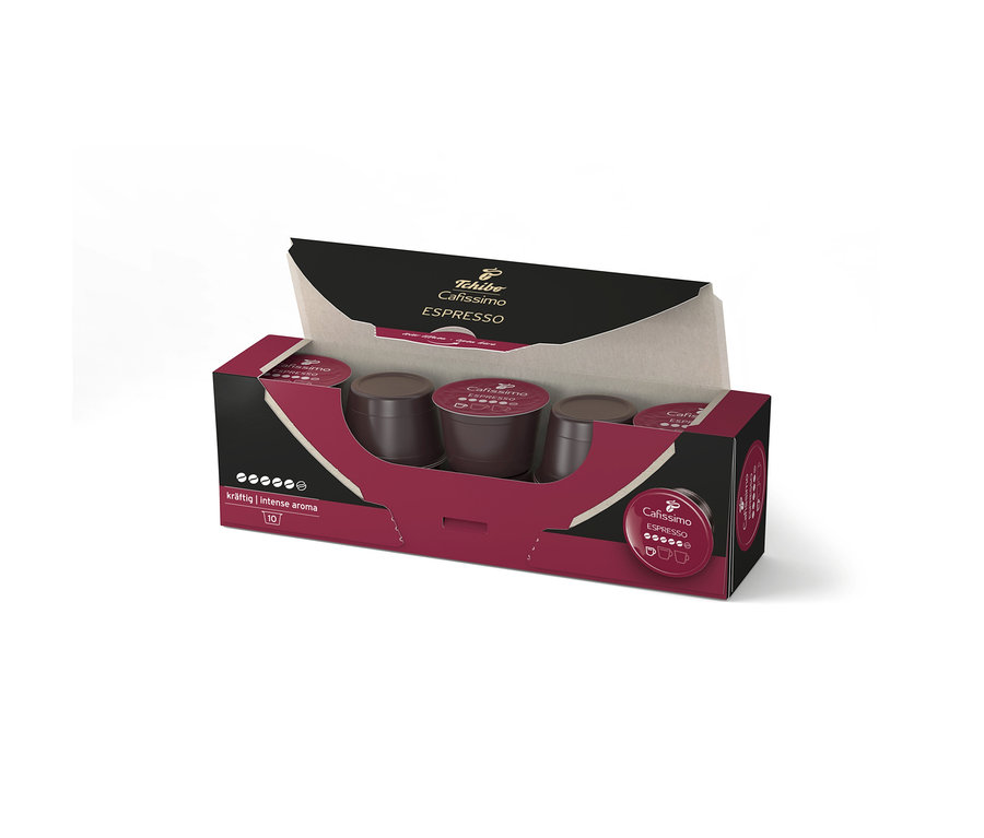 Boîte rouge foncé ouverte de 10 capsules de café Cafissimo Espresso kräftig, montrant plusieurs capsules marron foncé à l'intérieur.