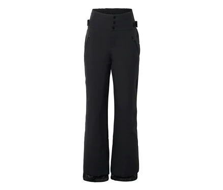 Pantalon de ski noir taille haute avec trois boutons, deux poches zippées et des poignets élastiques.