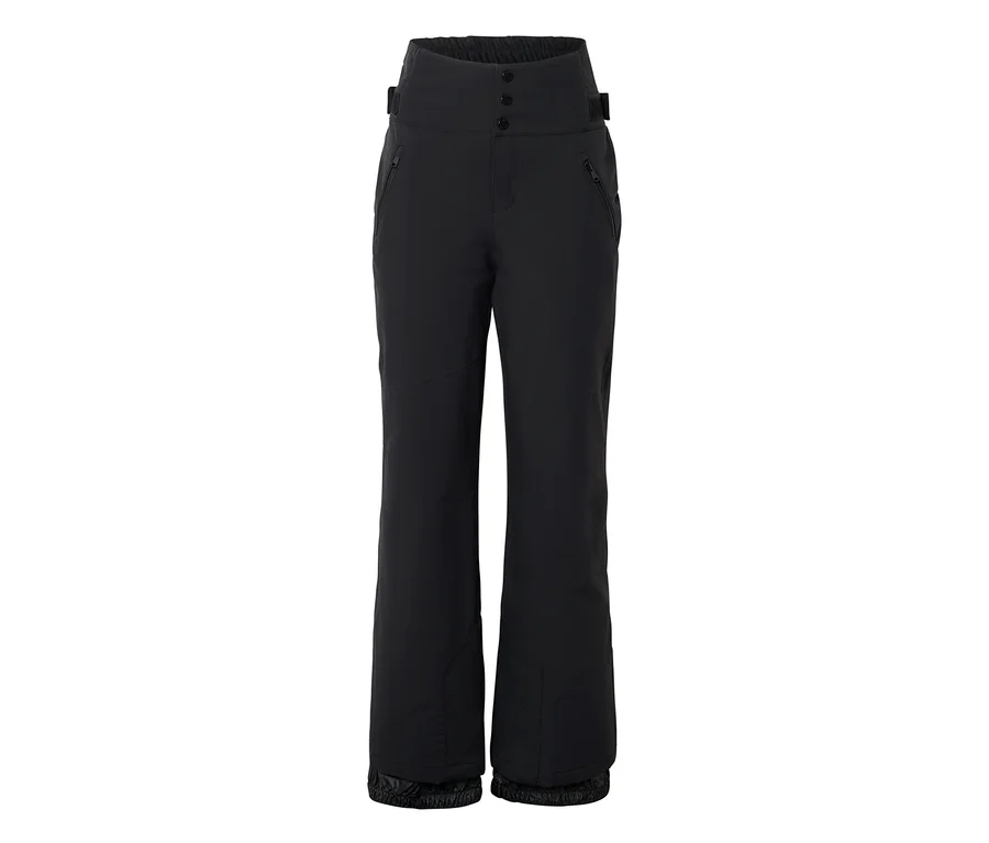 Pantalon de ski noir taille haute avec trois boutons, deux poches zippées et des poignets élastiques.