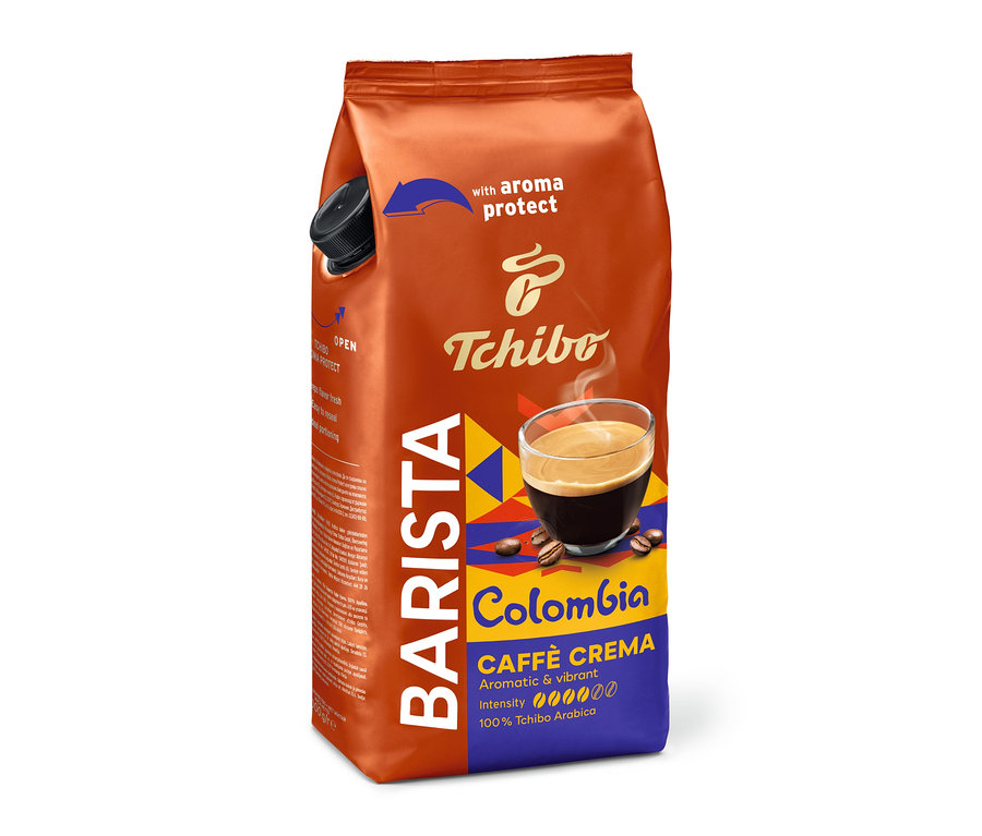 Un paquet de BARISTA Origins Colombia en grains – 1 kg avec protection des arômes et le logo Tchibo est visible.