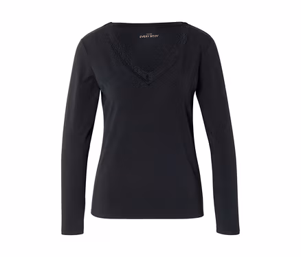 T-shirt noir à manches longues avec col en V et bordure en dentelle.
