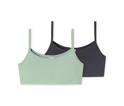 Deux bustiers pour fille, un vert menthe et un gris foncé.