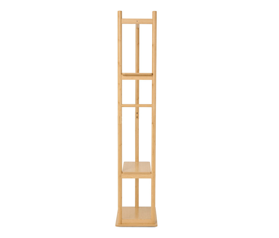 Une étagère en bois marron clair avec deux étagères sur un fond blanc.
