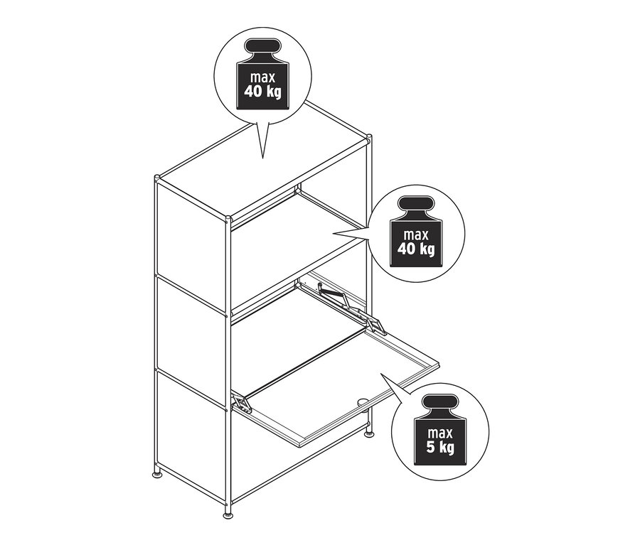 Dessin au trait d'une étagère en métal avec 2 compartiments à abattants amovibles. Deux étagères ont une capacité de charge de 40 kg, le compartiment à abattant de 5 kg.