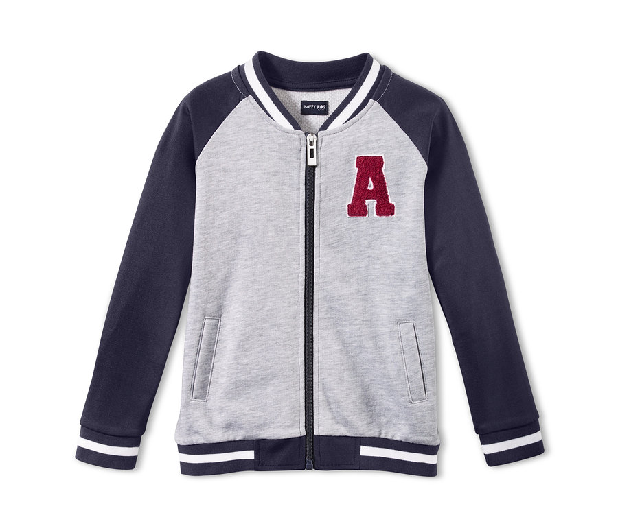 Veste collège grise avec des manches bleu foncé et une lettre A rouge.