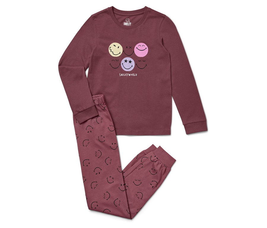 Pyjama bordeaux à manches longues et pantalon imprimé de smileys.