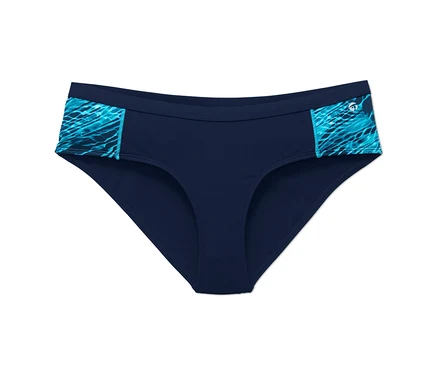 Gros plan d'une culotte de bikini de sport avec des motifs turquoise sur les côtés.