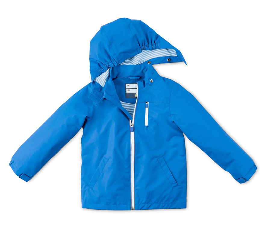 Veste de pluie bleue avec capuche.