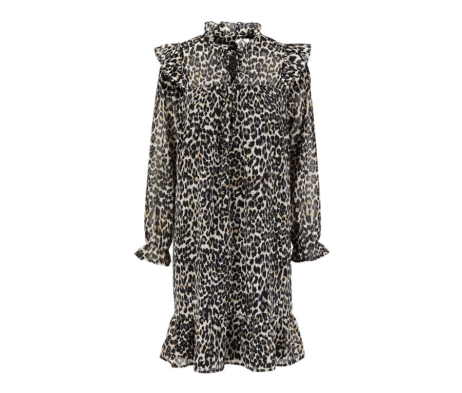Robe à imprimé intégral avec col montant, manches longues et volants.