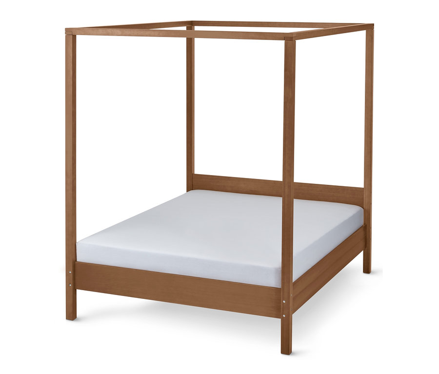 Un lit à baldaquin en bois marron, env. 160 x 200 cm, avec un matelas blanc.