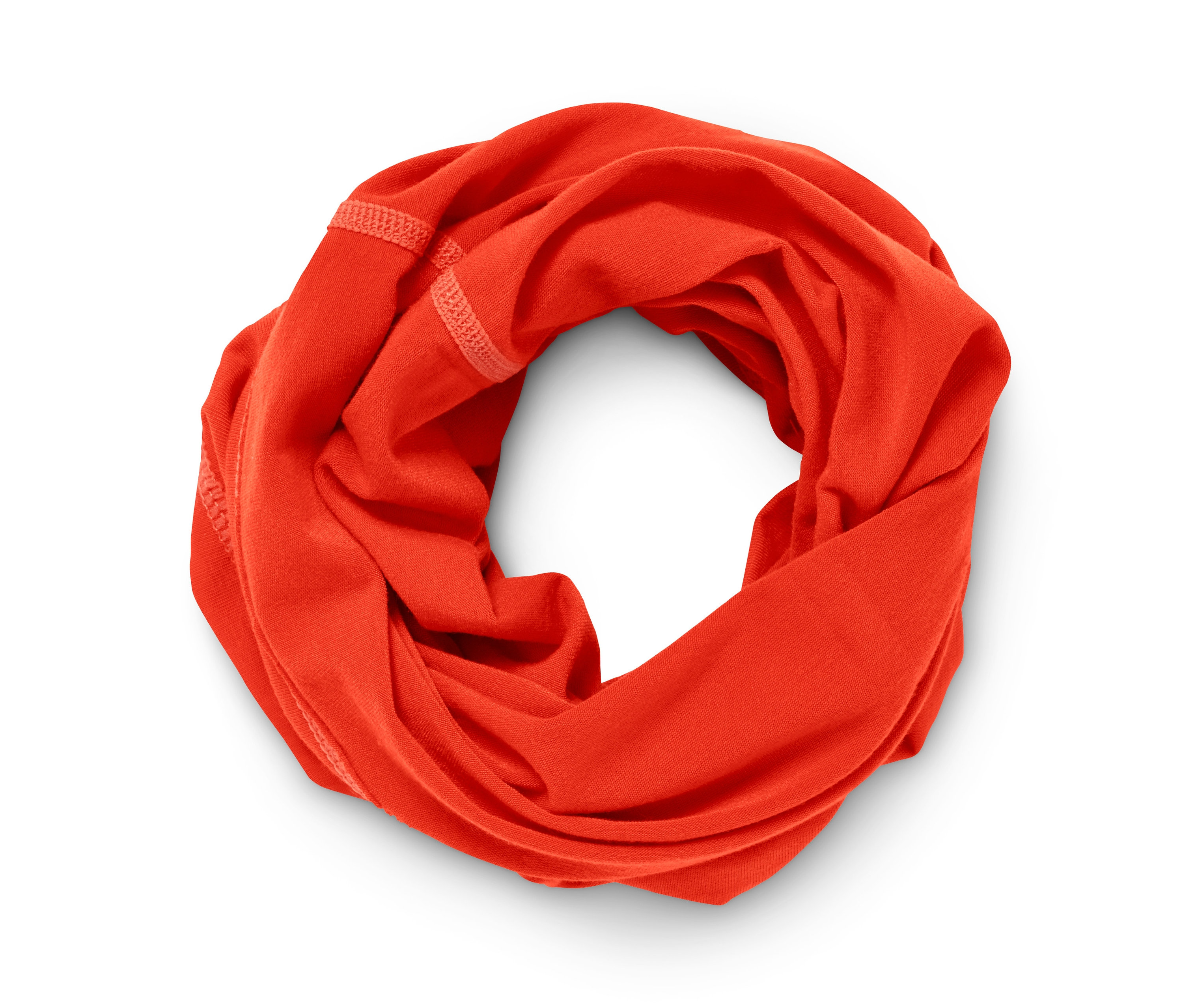 Foulard multifonction orange en matériaux recyclés, plié en cercle.