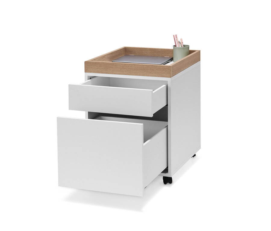 Conteneur blanc à roulettes avec plateau et deux tiroirs, dont un est ouvert.