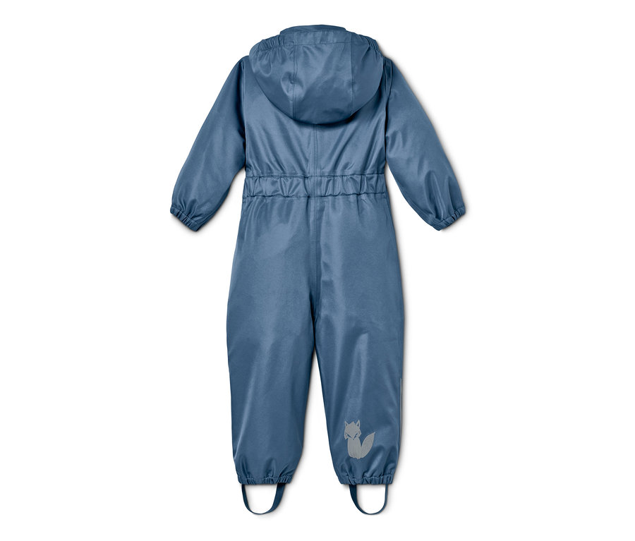 Combinaison de pluie bleue avec capuche et logo renard réfléchissant sur la jambe.