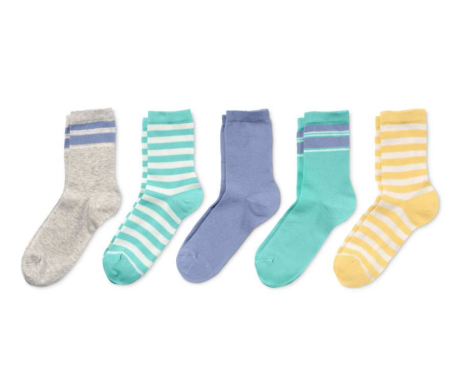 Cinq paires de chaussettes en coton bio en gris, turquoise, bleu et jaune.