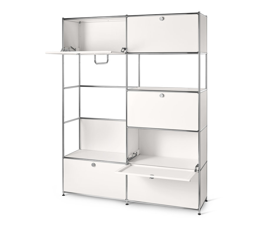 Système d'armoires en métal « CN3 » blanc avec des étagères ouvertes et fermées.