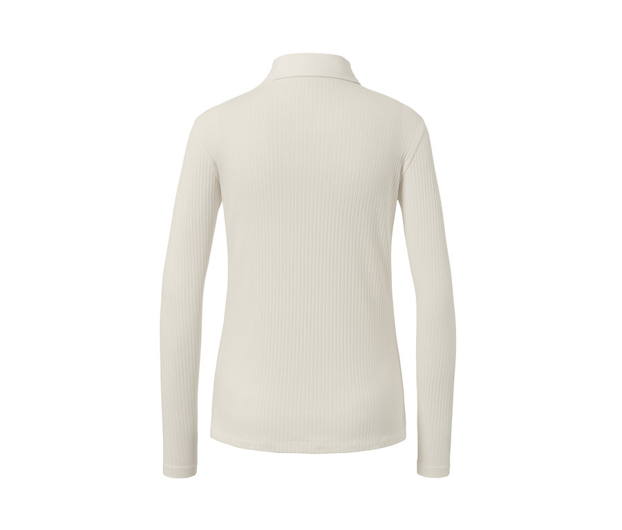 Vue arrière d'un t-shirt côtelé à manches longues avec col polo de couleur crème.