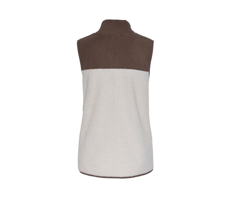 Gilet sans manches en peluche, beige et marron.