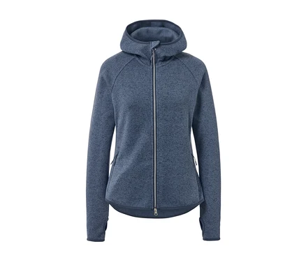 Une veste en maille polaire bleue avec une fermeture éclair au milieu.