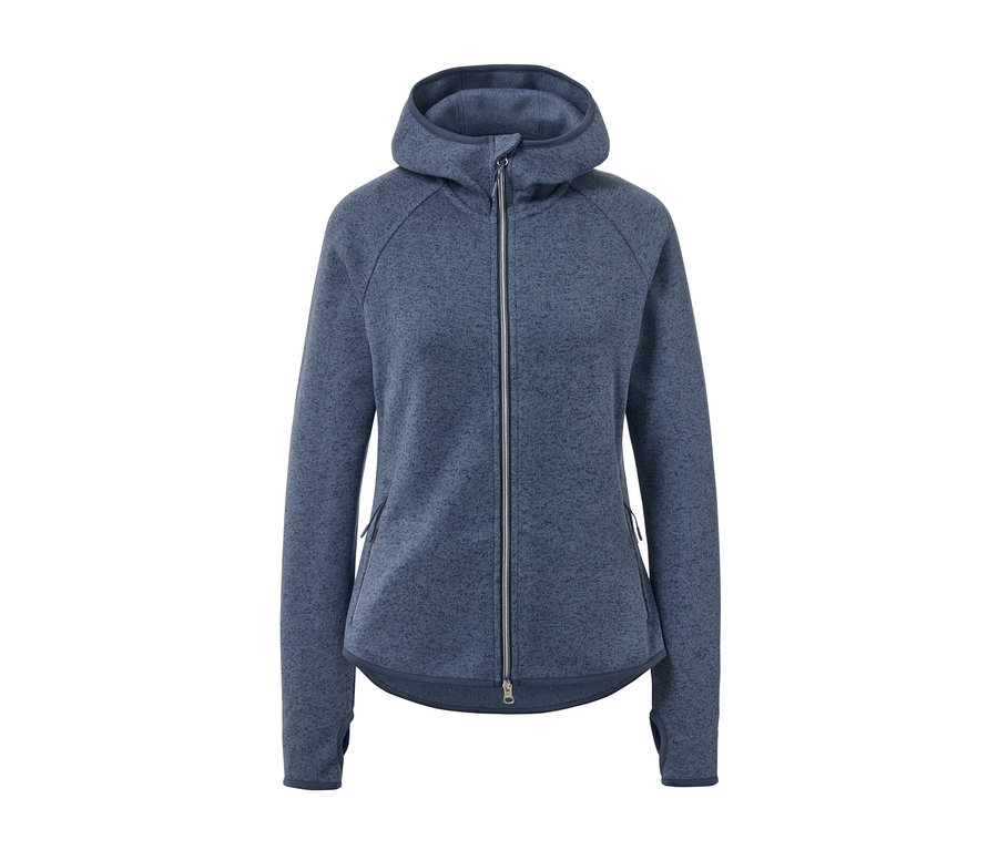 Une veste en maille polaire bleue avec une fermeture éclair au milieu.